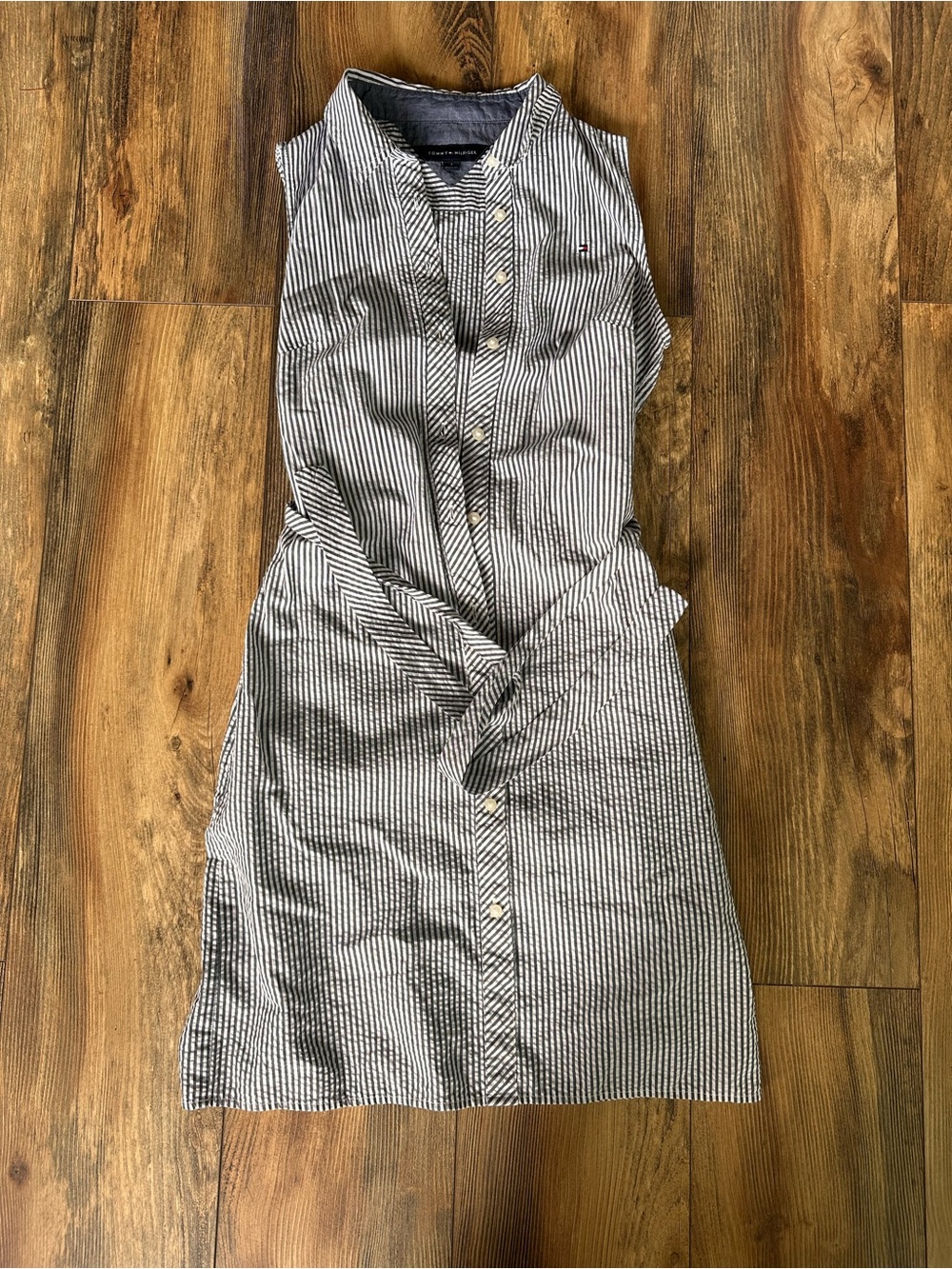Tommy Hilfiger Navy and White Striped Sleeveless Midi Shirt Dress